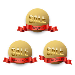Poster - Set of round golden badges with golden Sale words and red ribbons isolated on white background. Vector promotion design elements.