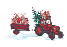 Festive New Year 2019 Card. Red Tractor With Fir Tree Decorated Red Balls And Holiday Gifts Isolated On White Background