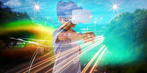 Poster - Composite image of boy using virtual reality headset while