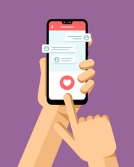 Wall Mural - Hand holds the smartphone and presses pink button in messanger application. Flat vector modern phone mock-up illustration