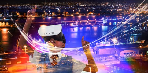 Poster - Composite image of schoolboy wearing virtual reality headset