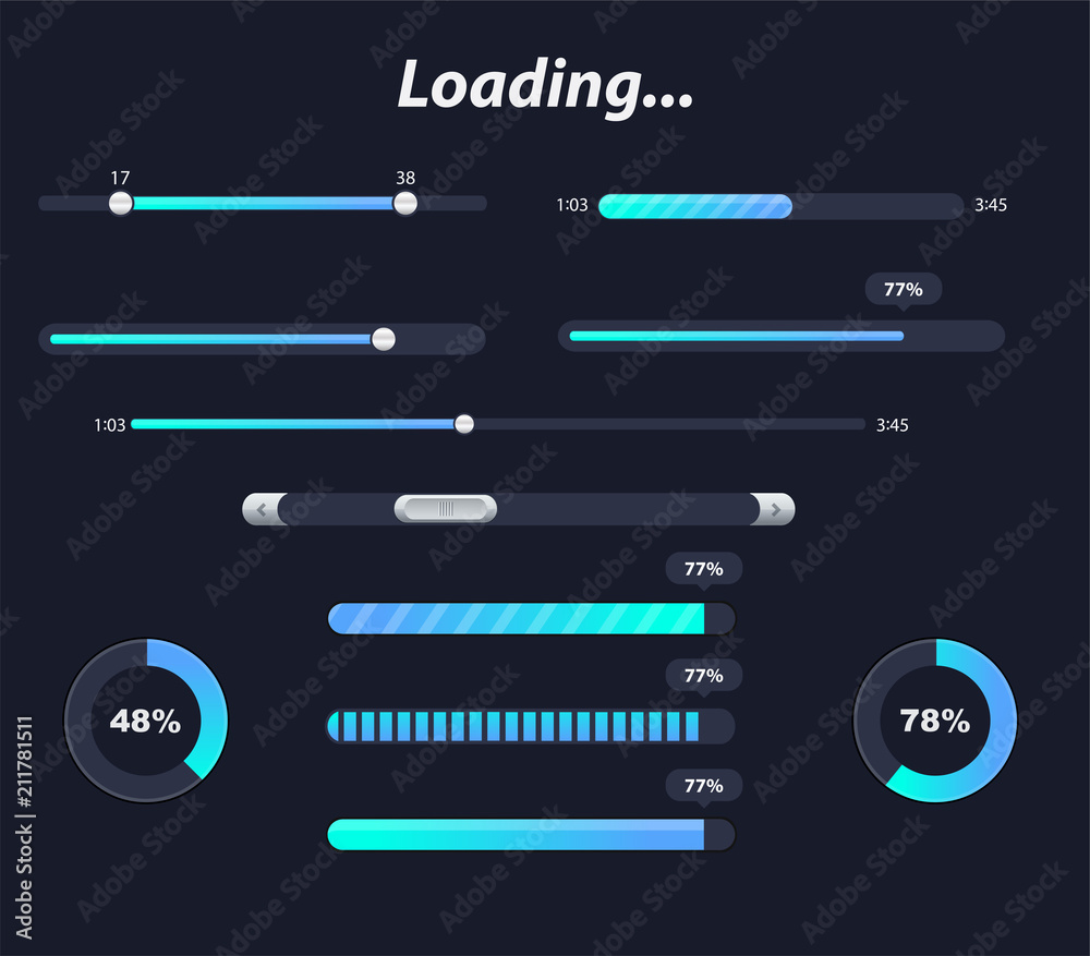 Different interface loaders in dark colors. Vector elements and ...