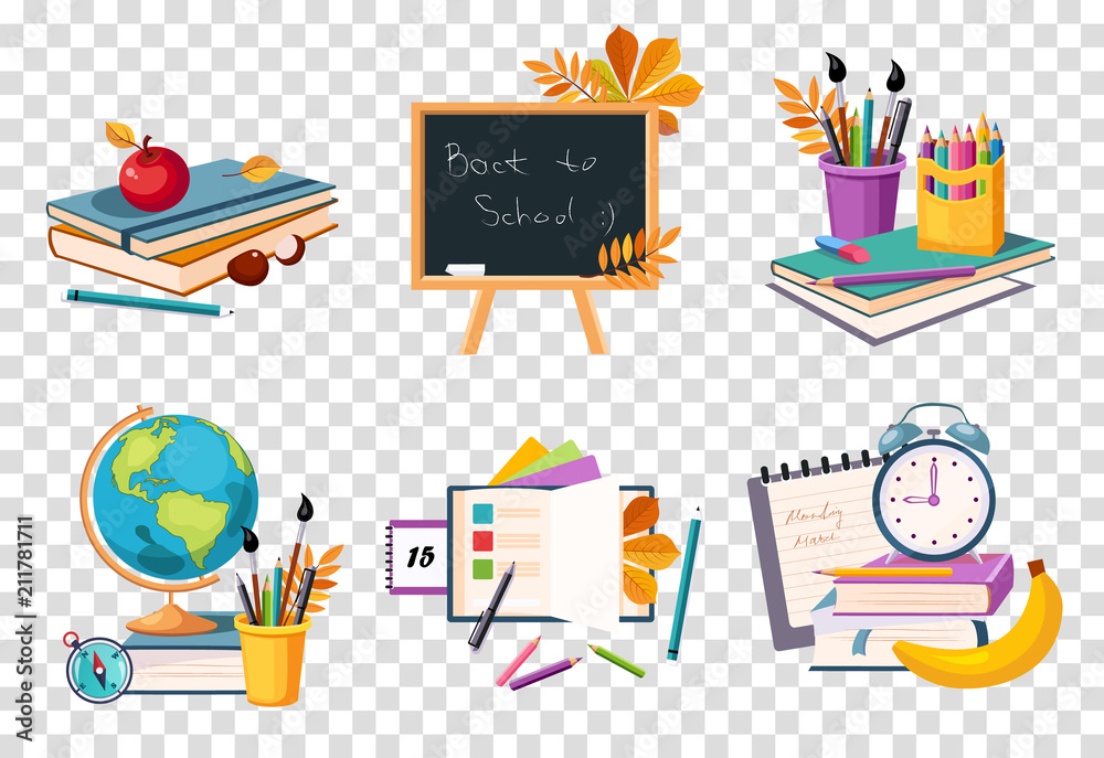 Flat vector set of compositions with objects related to education theme. Back to school - obrazy, fototapety, plakaty 