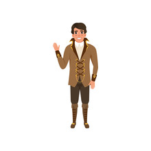 Steampunk Guy Waving Hand. Man In Jacket With Lacing And High Collar, Shirt, Pants And Boots. Costume For Festival. Flat Vector Design