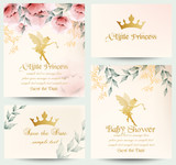 Happy birthday little princess cards set Vector. Delicate floral bouquets