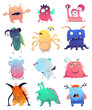 Cute monsters set. Cartoon characters in color pencil style. Isolated objects on white background. Vector illustration 