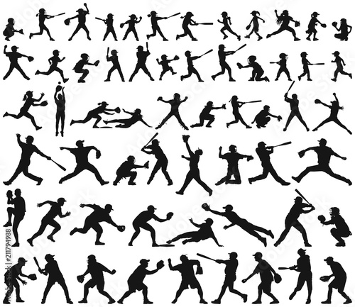 Vector silhouette collection of child man woman young and elderly playing baseba Canvas Print