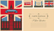 Retro postcard with british flag and Big Ben in London and with UK postmarks. Vector set of postage stamps and postcard in vintage style with words I love London and place for text