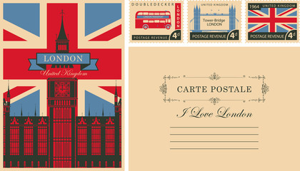 retro postcard with british flag and big ben in london and with uk postmarks. vector set of postage 