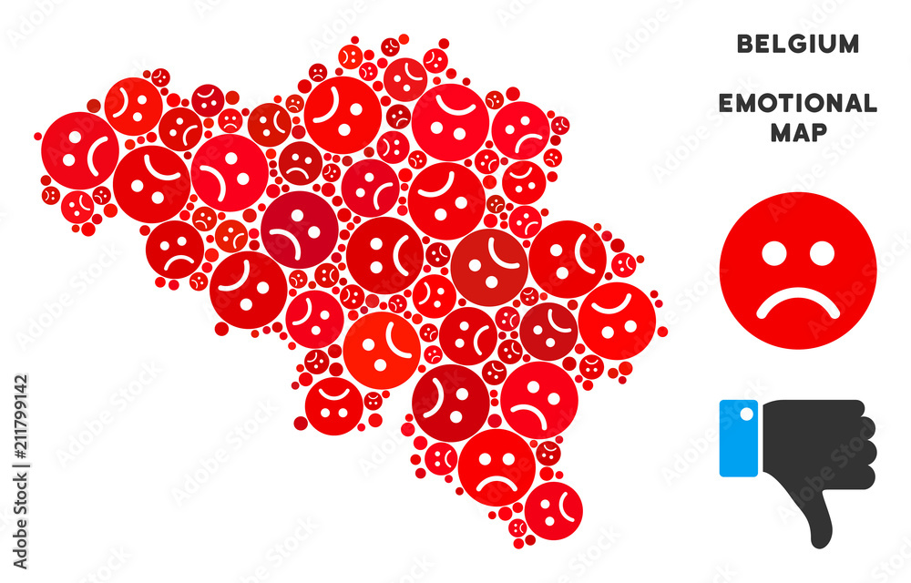 Emotion Belgium map mosaic of sad emojis in red colors. Negative mood ...