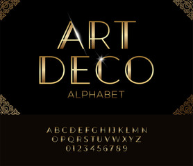 elegant golden font and alphabet in art deco style.