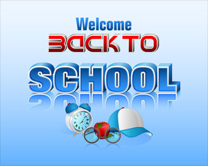 Poster - Background, design with alarm clock, eyeglasses, cap, apple and three dimensional texts for Back to school, event ; Vector illustration 