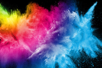 Wall Mural - Abstract multi color powder explosion on black background.  Freeze motion of color dust  particles splash. Painted Holi in festival.