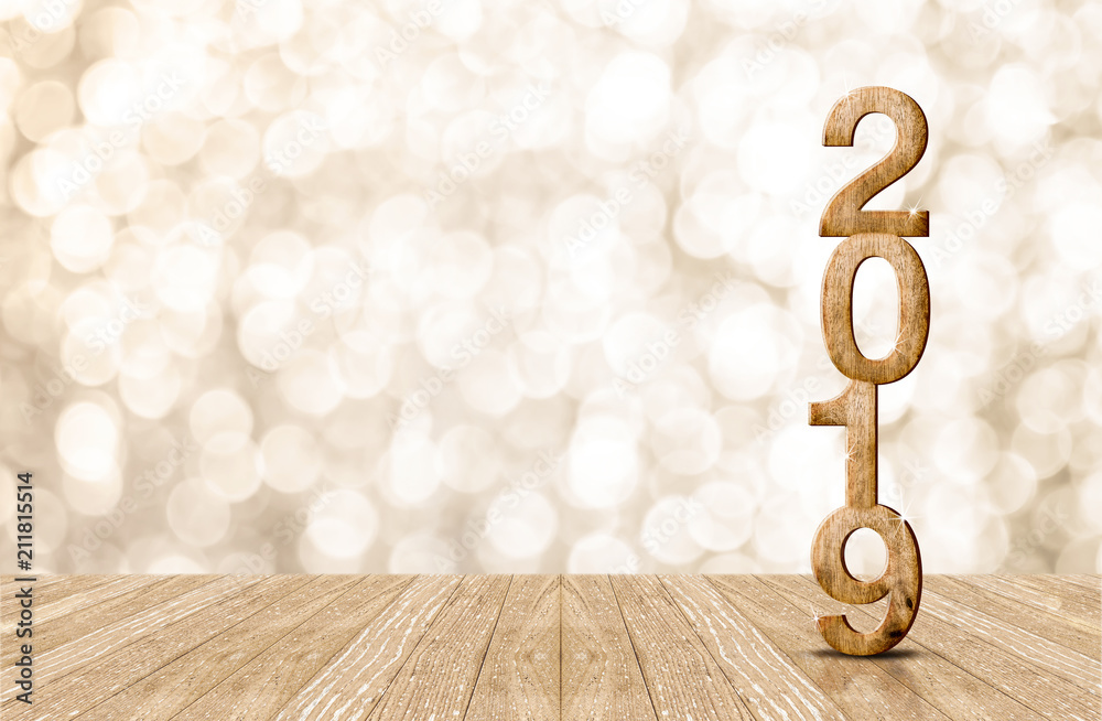 2019 happy year wood number in perspective room with sparkling bokeh wall and wooden plank floor.copy space for display of product or text. - obrazy, fototapety, plakaty 