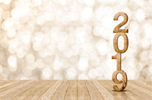 2019 Happy Year Wood Number In Perspective Room With Sparkling Bokeh Wall And Wooden Plank Floor.copy Space For Display Of Product Or Text.