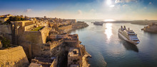 Valletta, Malta - Panoramic Aerial Skyline View Of Valletta When Cruise Ships Sailing In The Grand Harbor At Surnise