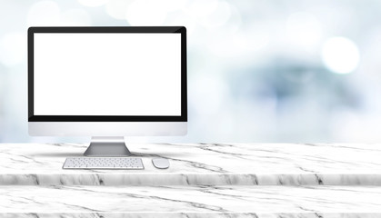 Aufkleber - Blank screen of desktop computer on step white marble table with blur hospital at background,Mock up template for display of design,Banner for advertise of health care business product,panoramic.