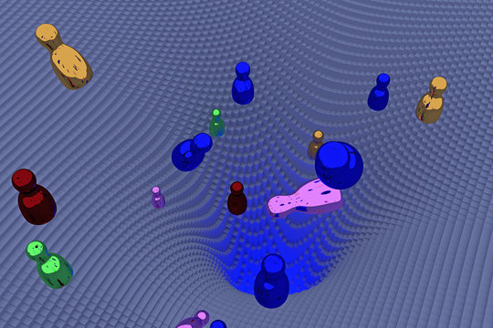 3d-Illustration von frei fallenden, glänzenden Figuren (Rotationskörper) über einer Landschaft von Potentialtrichtern, die aus Hunderten von länglichen Quadern mit quadratischer Grundfläche besteht