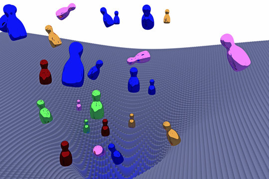 3d-Illustration von frei fallenden, glänzenden Figuren (Rotationskörper) über einer Landschaft von Potentialtrichtern, die aus Hunderten von länglichen Quadern mit quadratischer Grundfläche besteht