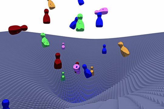 3d-Illustration von frei fallenden, glänzenden Figuren (Rotationskörper) über einer Landschaft von Potentialtrichtern, die aus Hunderten von länglichen Quadern mit quadratischer Grundfläche besteht
