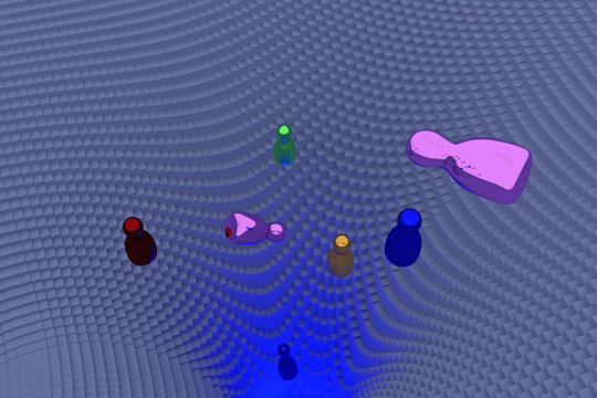 3d-Illustration von frei fallenden, glänzenden Figuren (Rotationskörper) über einer Landschaft von Potentialtrichtern, die aus Hunderten von länglichen Quadern mit quadratischer Grundfläche besteht