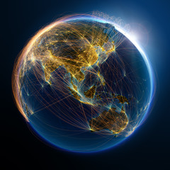 Wall Mural - highly detailed planet earth is covered by complex network of air routes based on real data. the rel