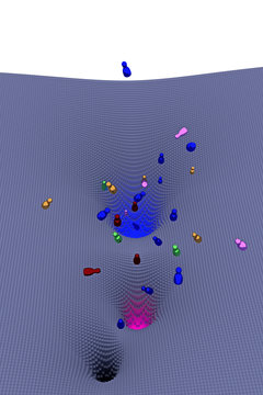 3d-Illustration von frei fallenden, glänzenden Figuren (Rotationskörper) über einer Landschaft von Potentialtrichtern, die aus Hunderten von länglichen Quadern mit quadratischer Grundfläche besteht