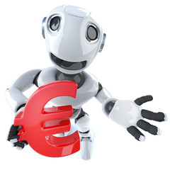 Wall Mural - 3d Funny cartoon robot character holding a Euro currency symbol