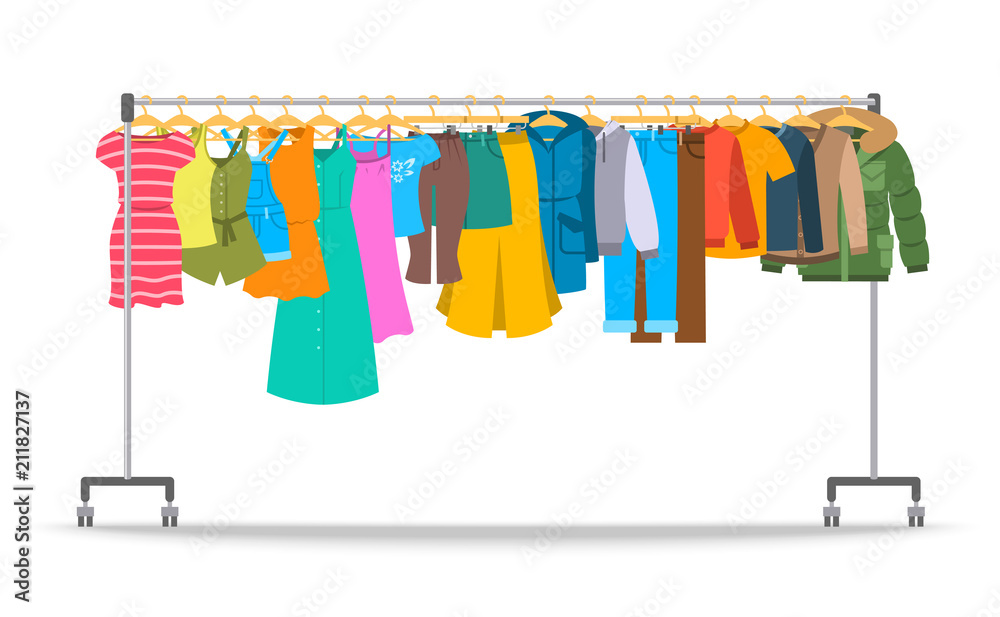Men and women casual clothes on hanger rack. Flat style vector illustration. Male and female apparel hanging on shop rolling display stand. New fashion collection. Seasonal sale concept - obrazy, fototapety, plakaty 