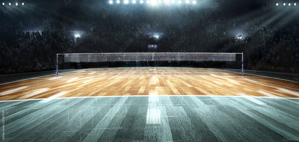 Empty professional volleyball court in lights - obrazy, fototapety, plakaty 