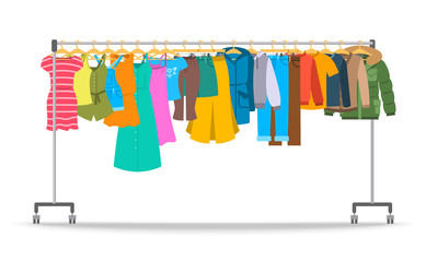 men and women casual clothes on hanger rack. flat style vector illustration. male and female apparel