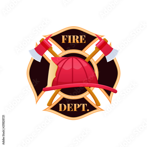 Fotografía Plastic red fire helmet, fighting fire. Fire dept logo icon.