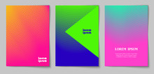 Set Of Vertical Abstract Backgrounds With Halftone Pattern In Neon Colors. Collection Of Gradient Textures With Geometric Ornament. Design Template Of Flyer, Banner, Cover, Poster In A4 Size
