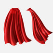 Vector realistic set of red cloaks, flowing silk fabrics isolated on white background. Satin wavy materials, drapery. Carnival clothes, decorative costume for superhero, vampire, cape for illusionist