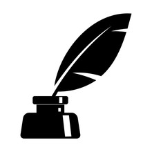 Simple, Flat Ink And Quill Icon. Black Silhouette Icon. Isolated On White