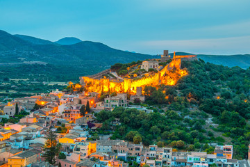 Sticker - Night aerial view of Capdepera castle and Capdepera town, Mallorca, Spain