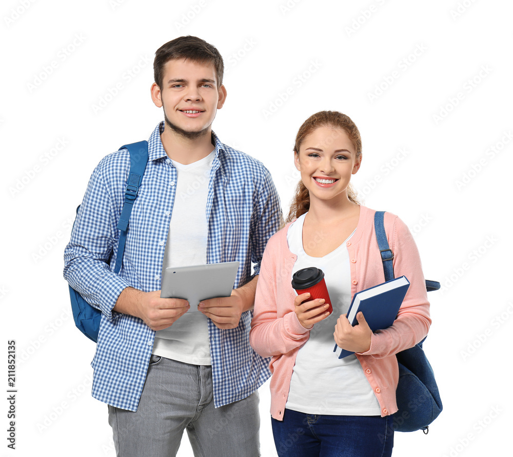 Happy teenagers on white background