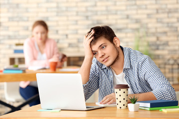 Wall Mural - Teenager with laptop studying indoors