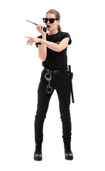 Poster - Female security guard using portable radio transmitter on white background