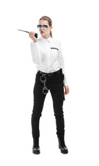 Poster - Female security guard using portable radio transmitter on white background