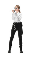 Sticker - Female security guard using portable radio transmitter on white background