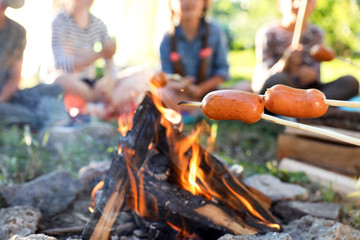 Wall Mural - frying sausages on bonfire, closeup. summer camp