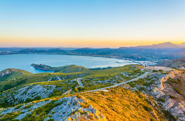 Poster - Sunset aerial view of Pollenca bay with Port de Pollenca and Alcudia towns, Mallorca, Spain