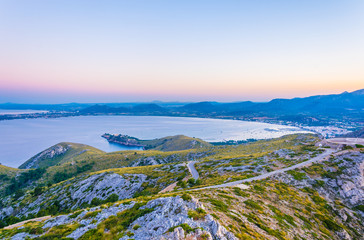 Poster - Sunset aerial view of Pollenca bay with Port de Pollenca and Alcudia towns, Mallorca, Spain