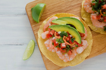 Poster - Tostadas de camaron Mexicanas, shrimps tostada, mexican food in mexico, sea foods