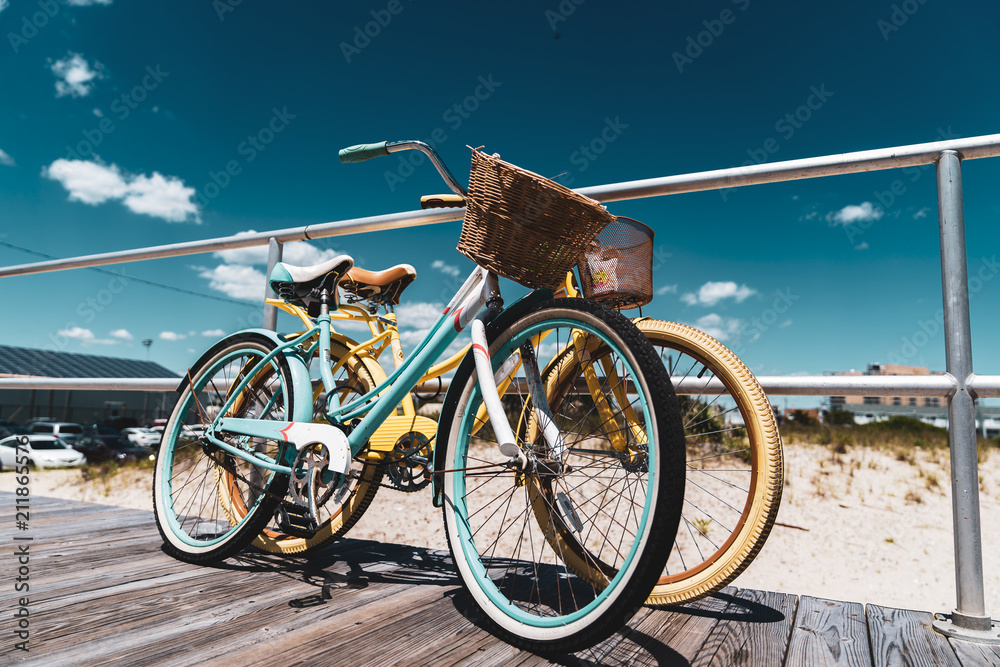 Old Style Bikes on New Jersey Shore Beach Boardwalk - obrazy, fototapety, plakaty 