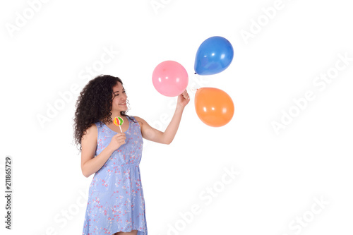 Cuadros en Lienzo Beautiful Woman with sweet lollipop and baloons.