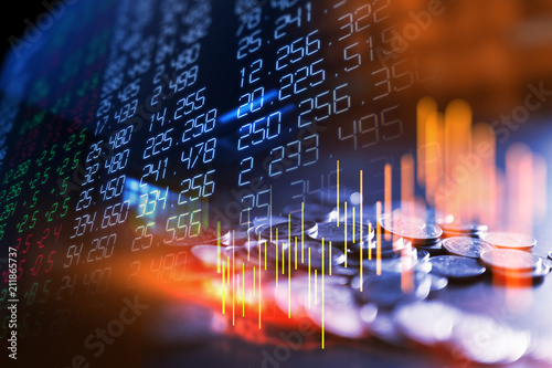 Cuadros en Lienzo double exposure image of stock market investment graph and coins stack