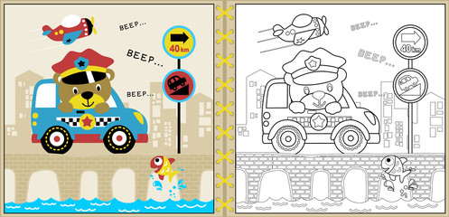 Wall Mural - Vector of cute police cartoon with little car on bridge, coloring page or book