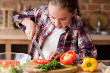 child cooking skills. little girl learning to cut vegetables. culinary education and family lifestyle